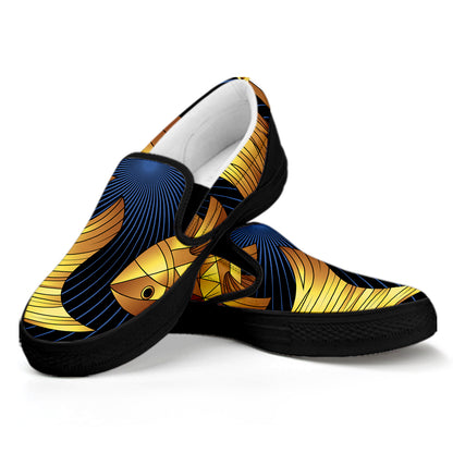 Golden Pisces Zodiac Sign Print Black Slip On Shoes