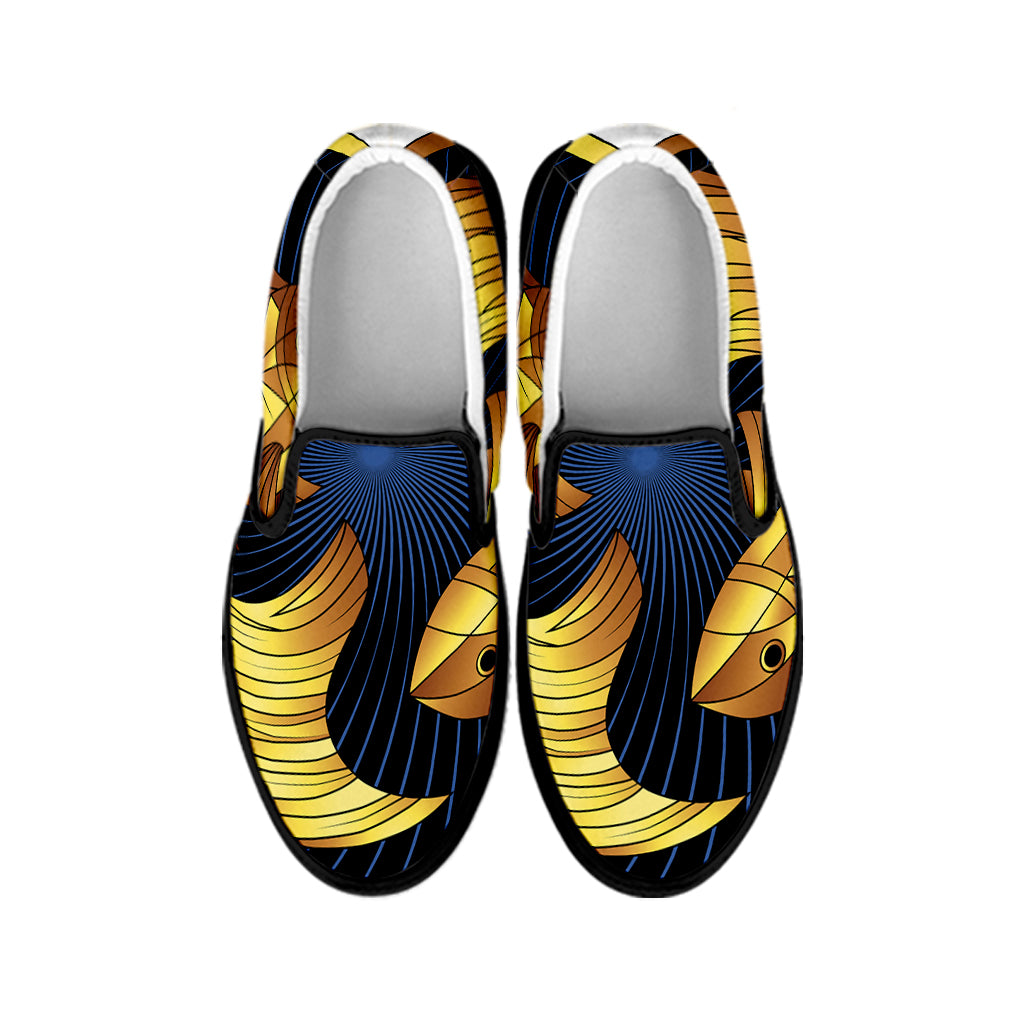Golden Pisces Zodiac Sign Print Black Slip On Shoes