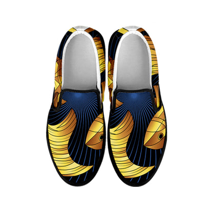 Golden Pisces Zodiac Sign Print Black Slip On Shoes