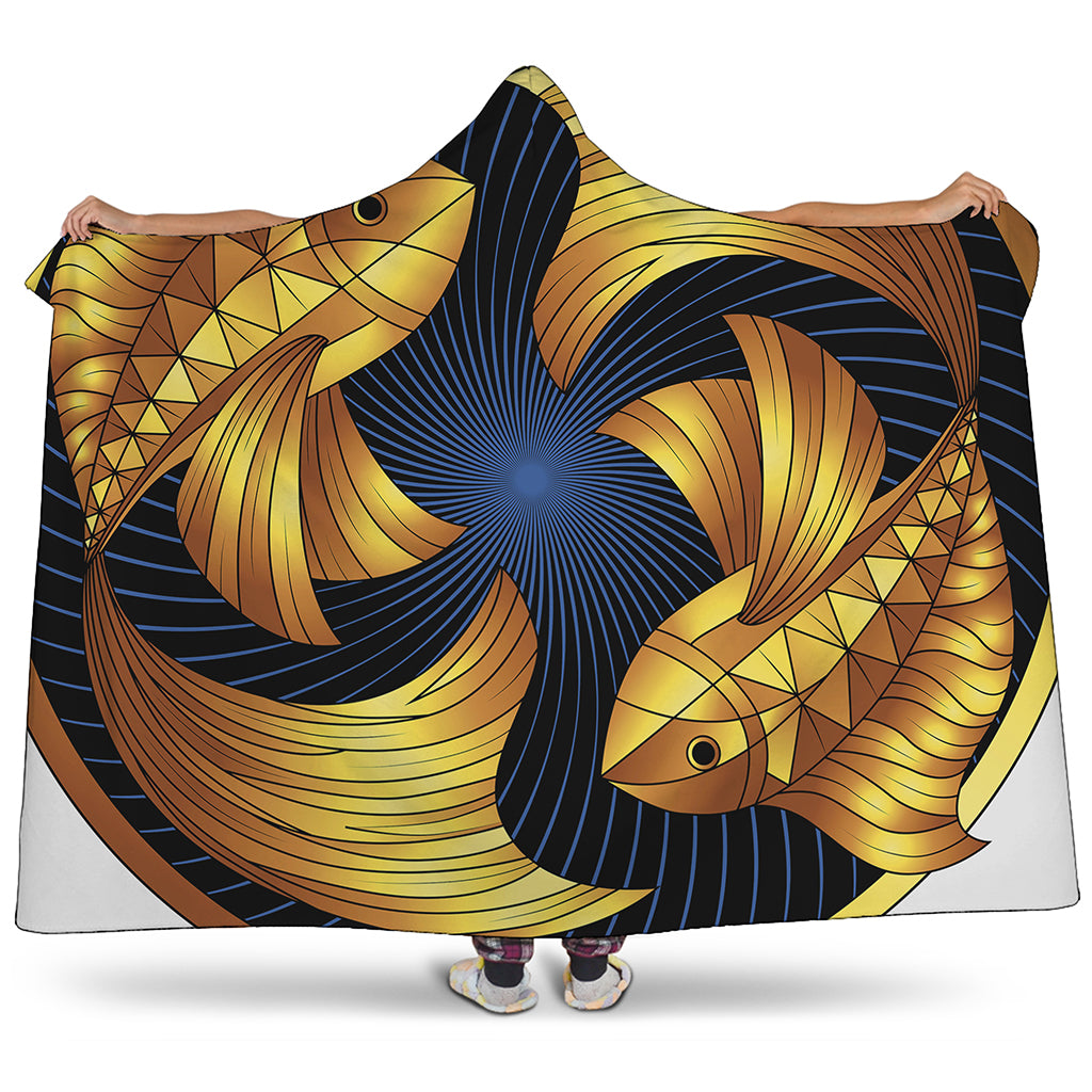 Golden Pisces Zodiac Sign Print Hooded Blanket