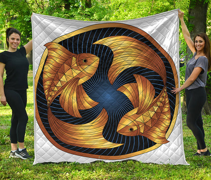 Golden Pisces Zodiac Sign Print Quilt