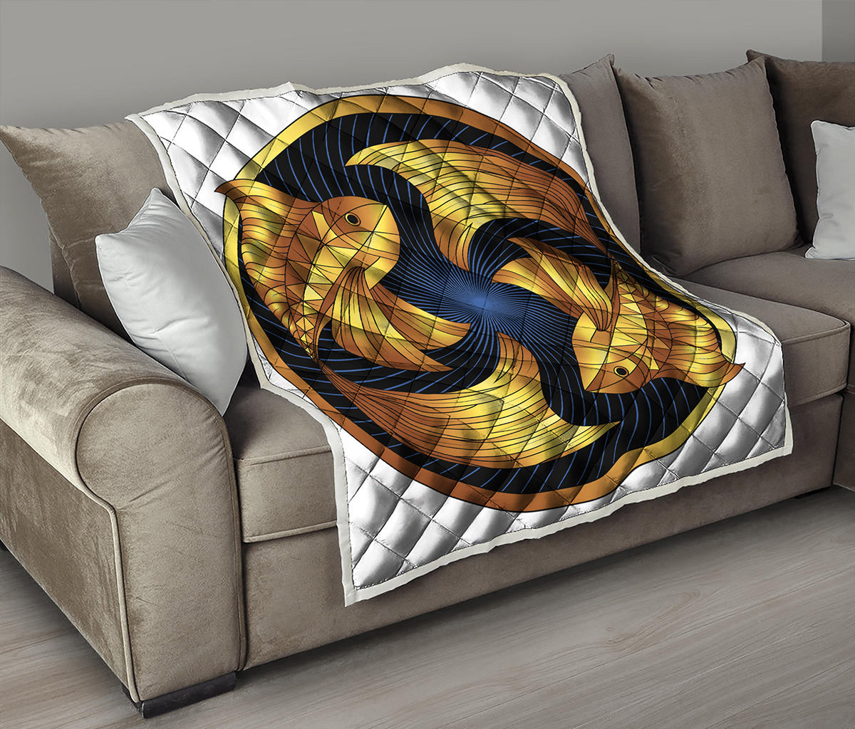 Golden Pisces Zodiac Sign Print Quilt