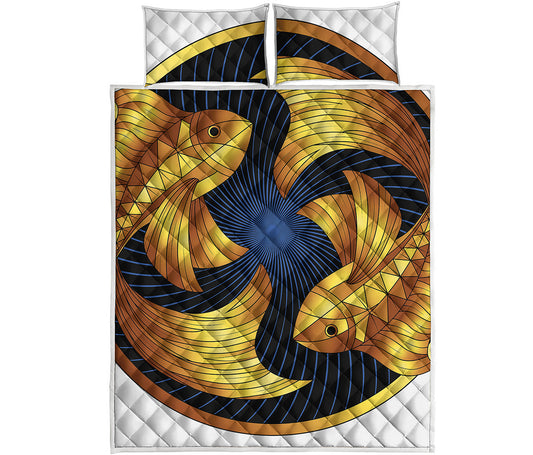 Golden Pisces Zodiac Sign Print Quilt Bed Set