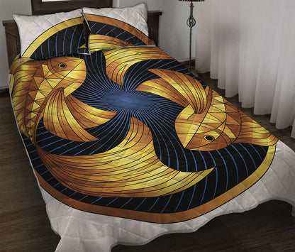 Golden Pisces Zodiac Sign Print Quilt Bed Set
