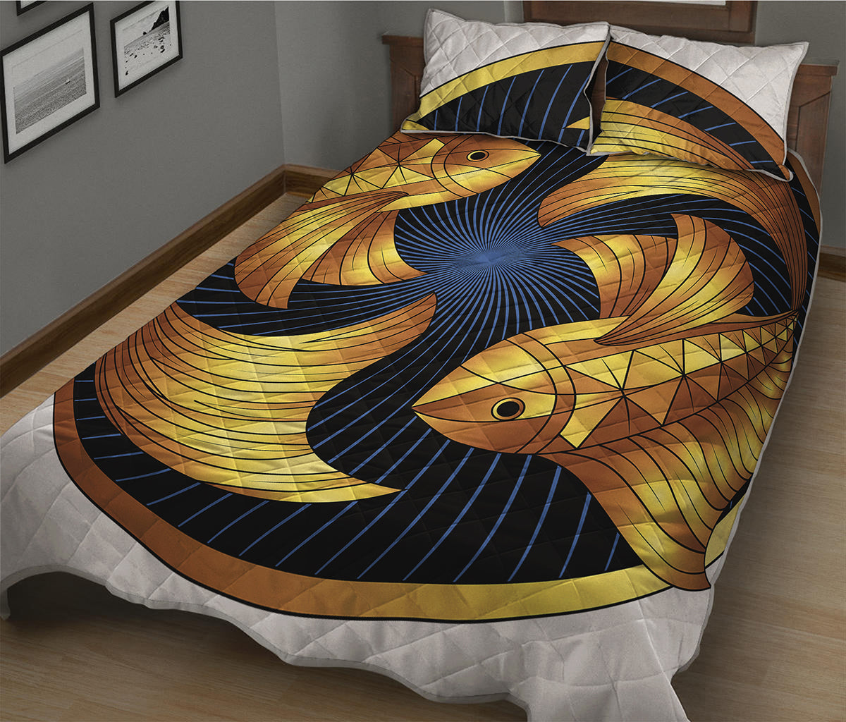 Golden Pisces Zodiac Sign Print Quilt Bed Set