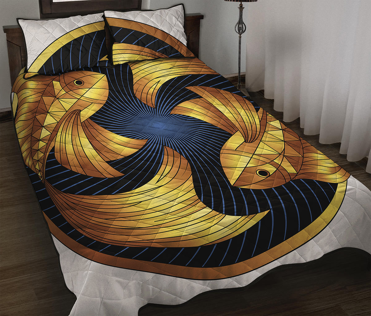Golden Pisces Zodiac Sign Print Quilt Bed Set
