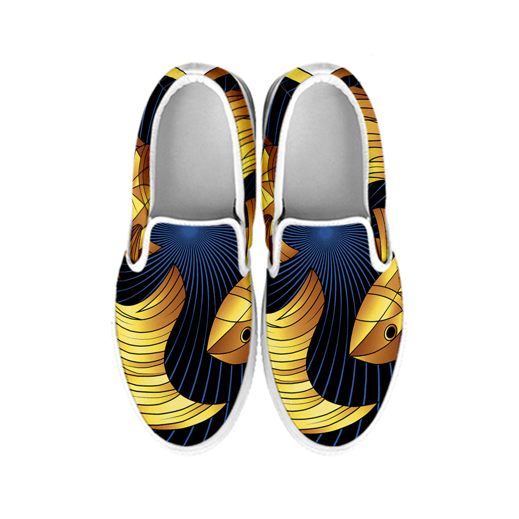 Golden Pisces Zodiac Sign Print White Slip On Shoes