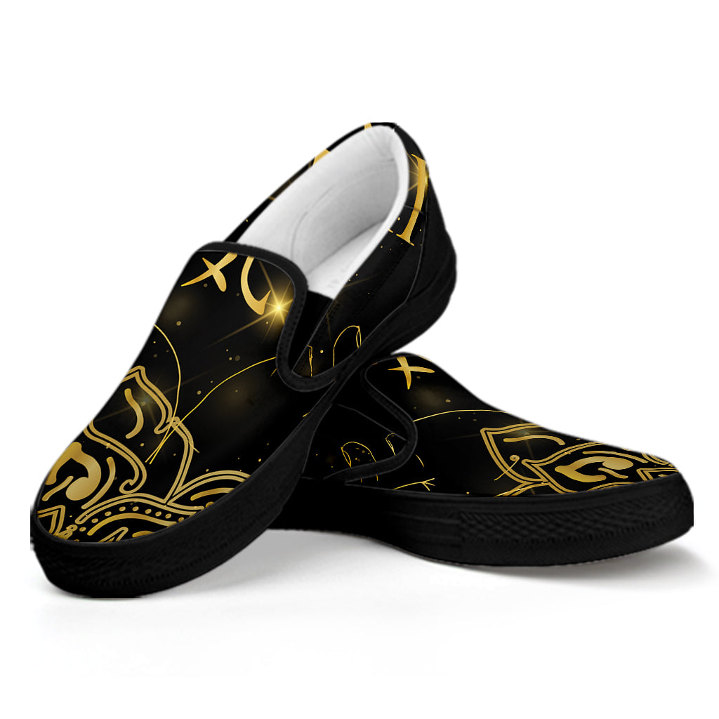 Golden Reiki Print Black Slip On Shoes
