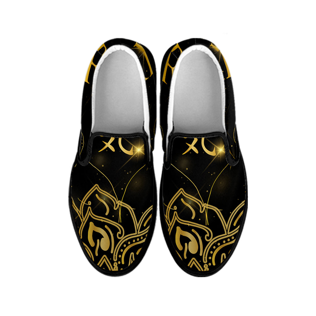 Golden Reiki Print Black Slip On Shoes