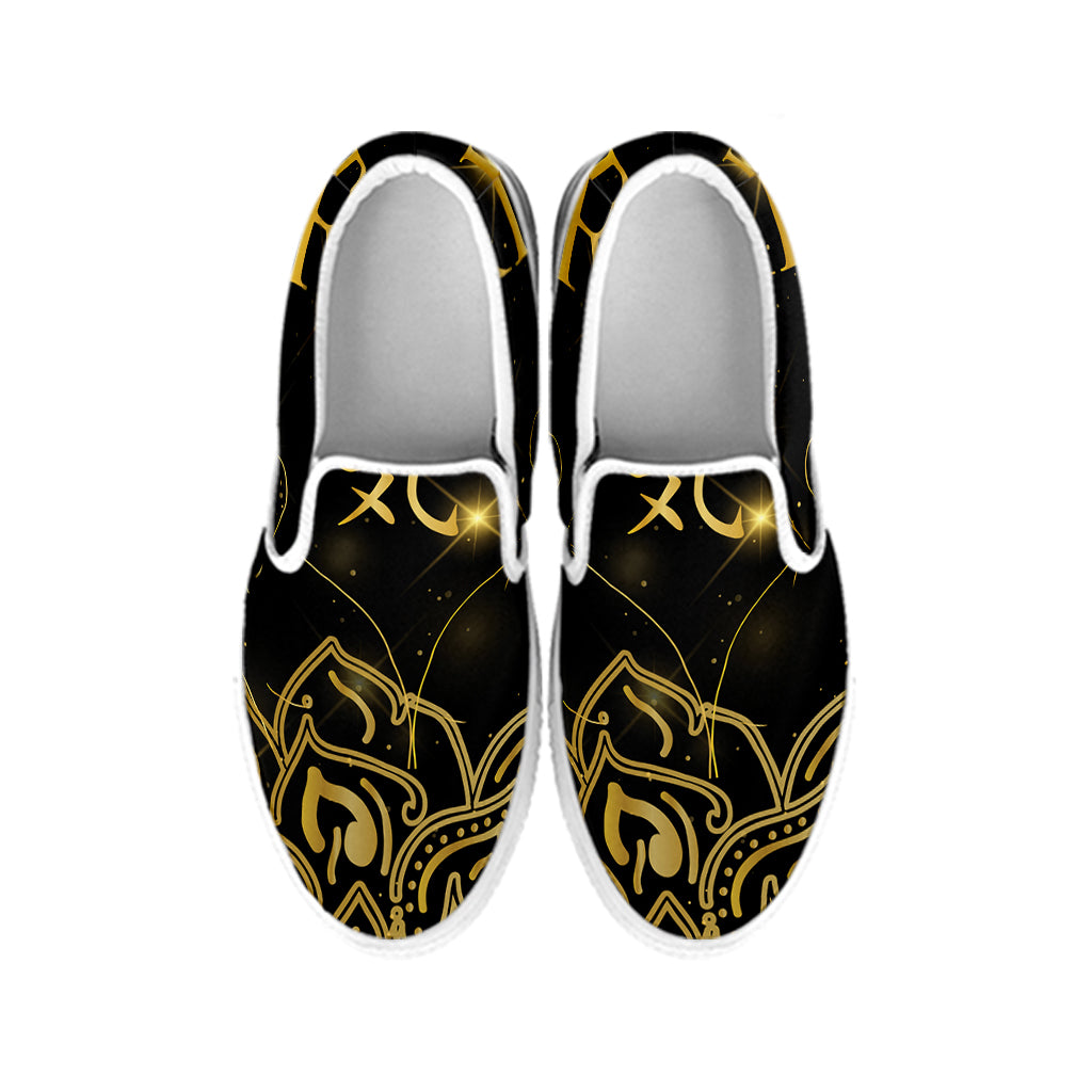 Golden Reiki Print White Slip On Shoes