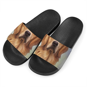 Golden Retriever Portrait Print Black Slide Sandals