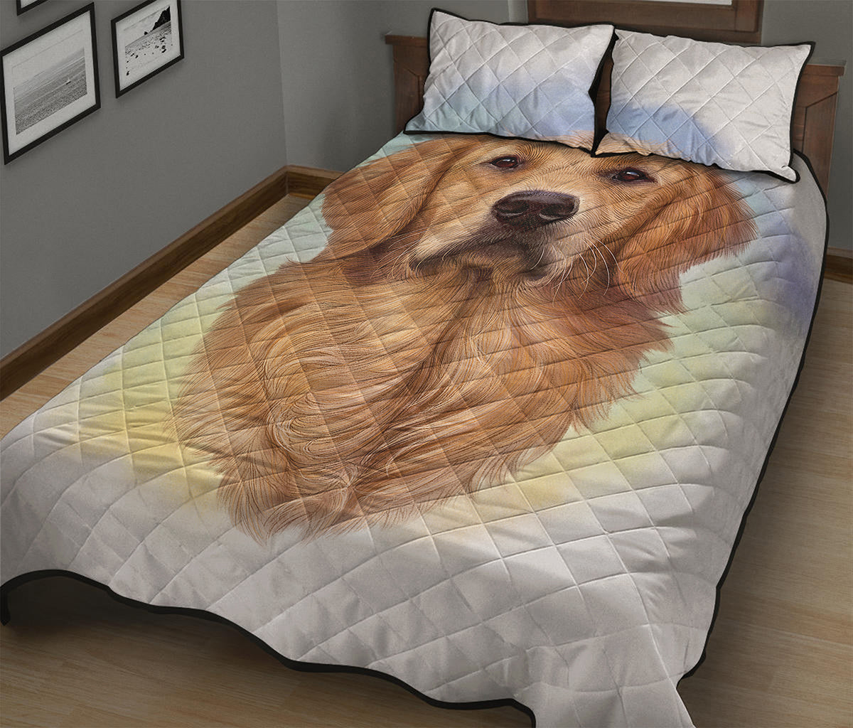 Golden Retriever Portrait Print Quilt Bed Set