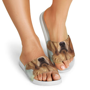 Golden Retriever Portrait Print White Slide Sandals