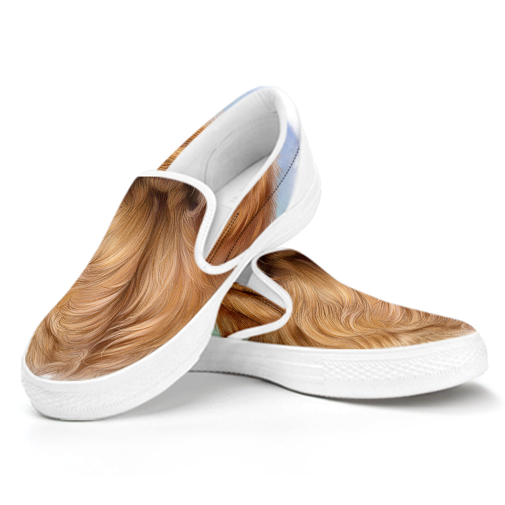 Golden Retriever Portrait Print White Slip On Shoes