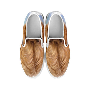 Golden Retriever Portrait Print White Slip On Shoes