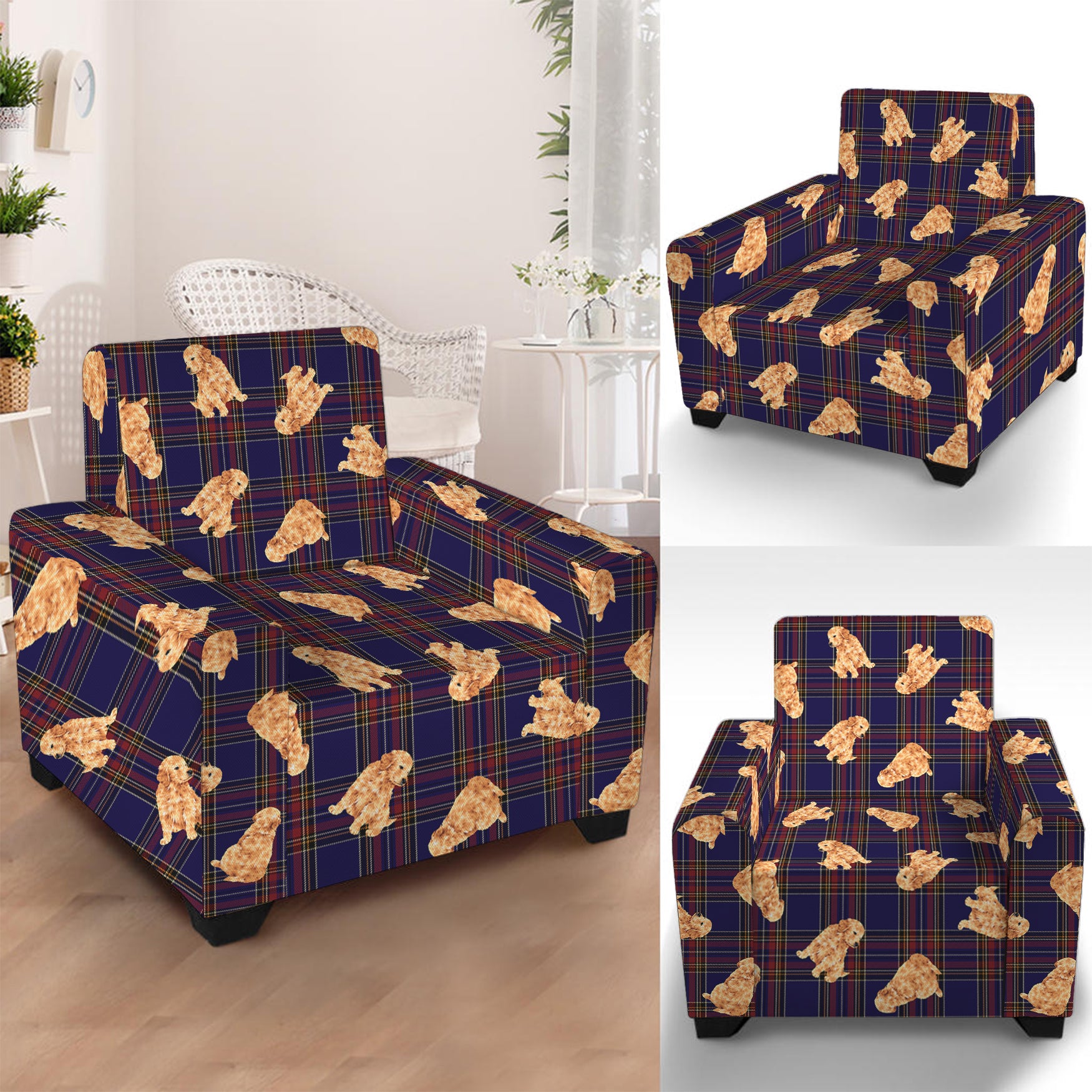 Golden Retriever Tartan Pattern Print Armchair Slipcover