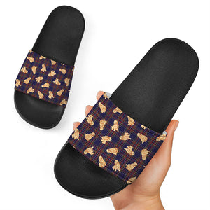 Golden Retriever Tartan Pattern Print Black Slide Sandals