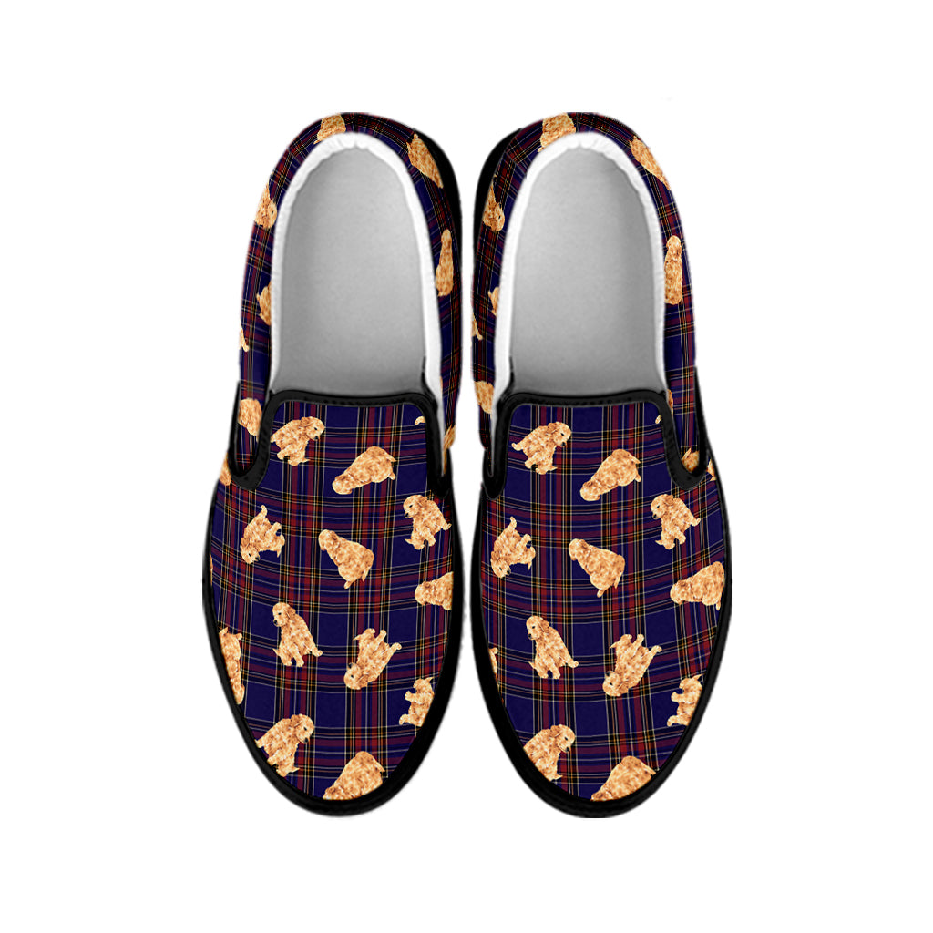 Golden Retriever Tartan Pattern Print Black Slip On Shoes