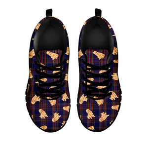 Golden Retriever Tartan Pattern Print Black Sneakers