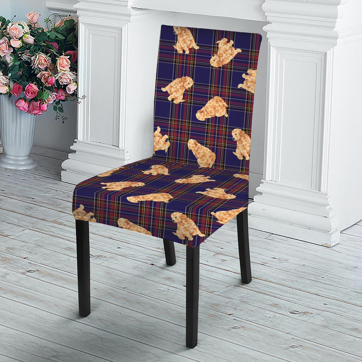 Golden Retriever Tartan Pattern Print Dining Chair Slipcover