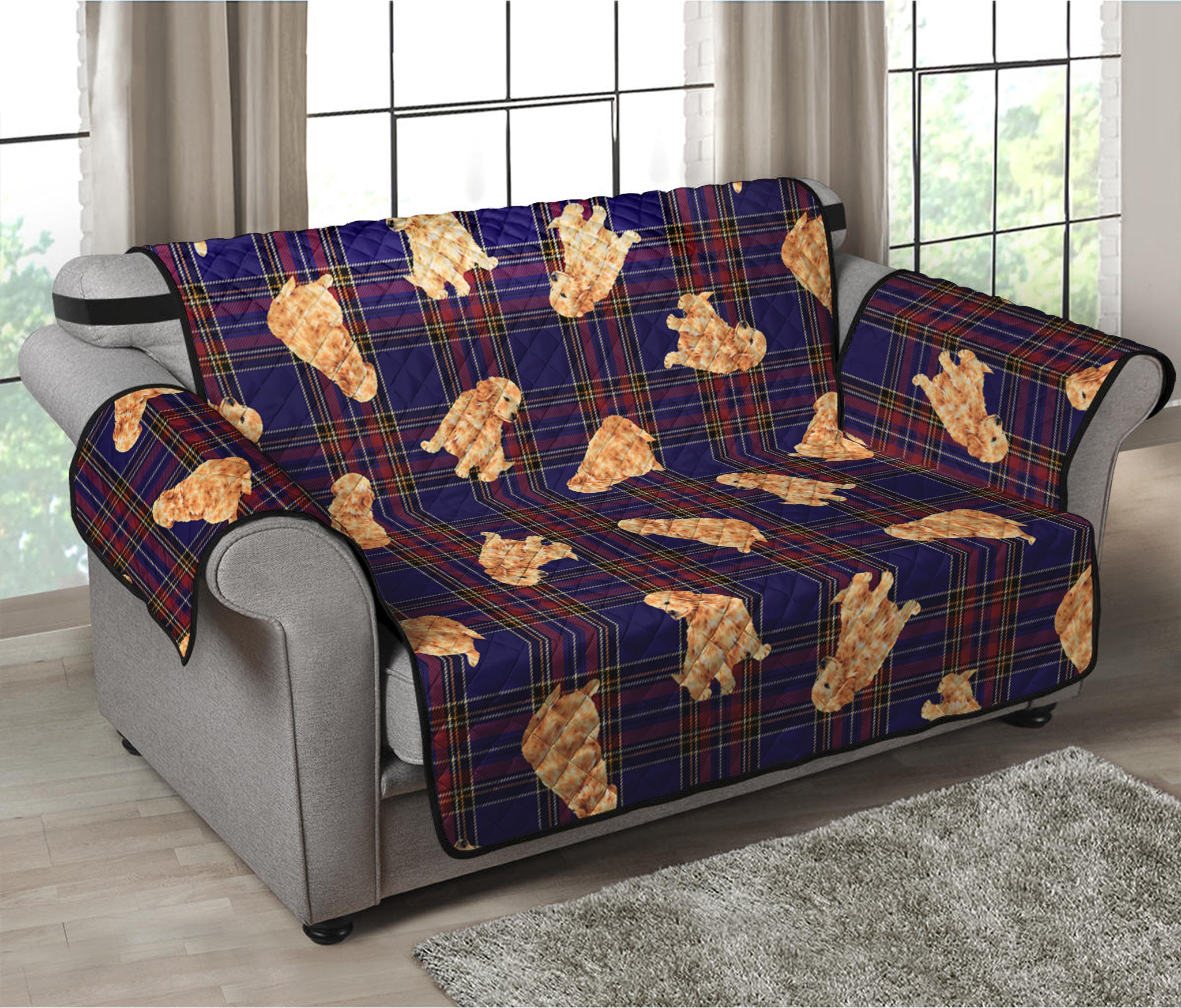 Golden Retriever Tartan Pattern Print Loveseat Protector