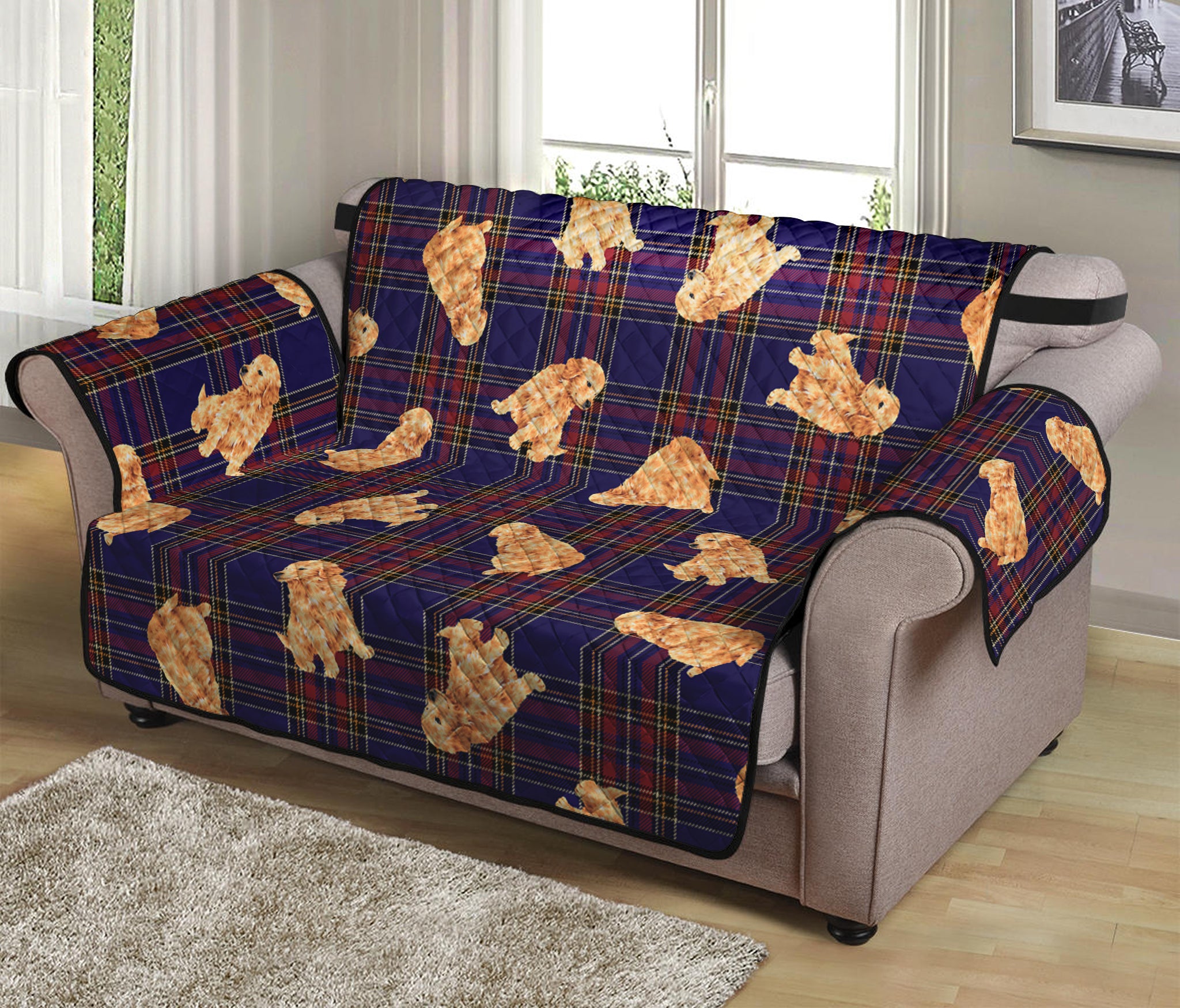 Golden Retriever Tartan Pattern Print Loveseat Protector