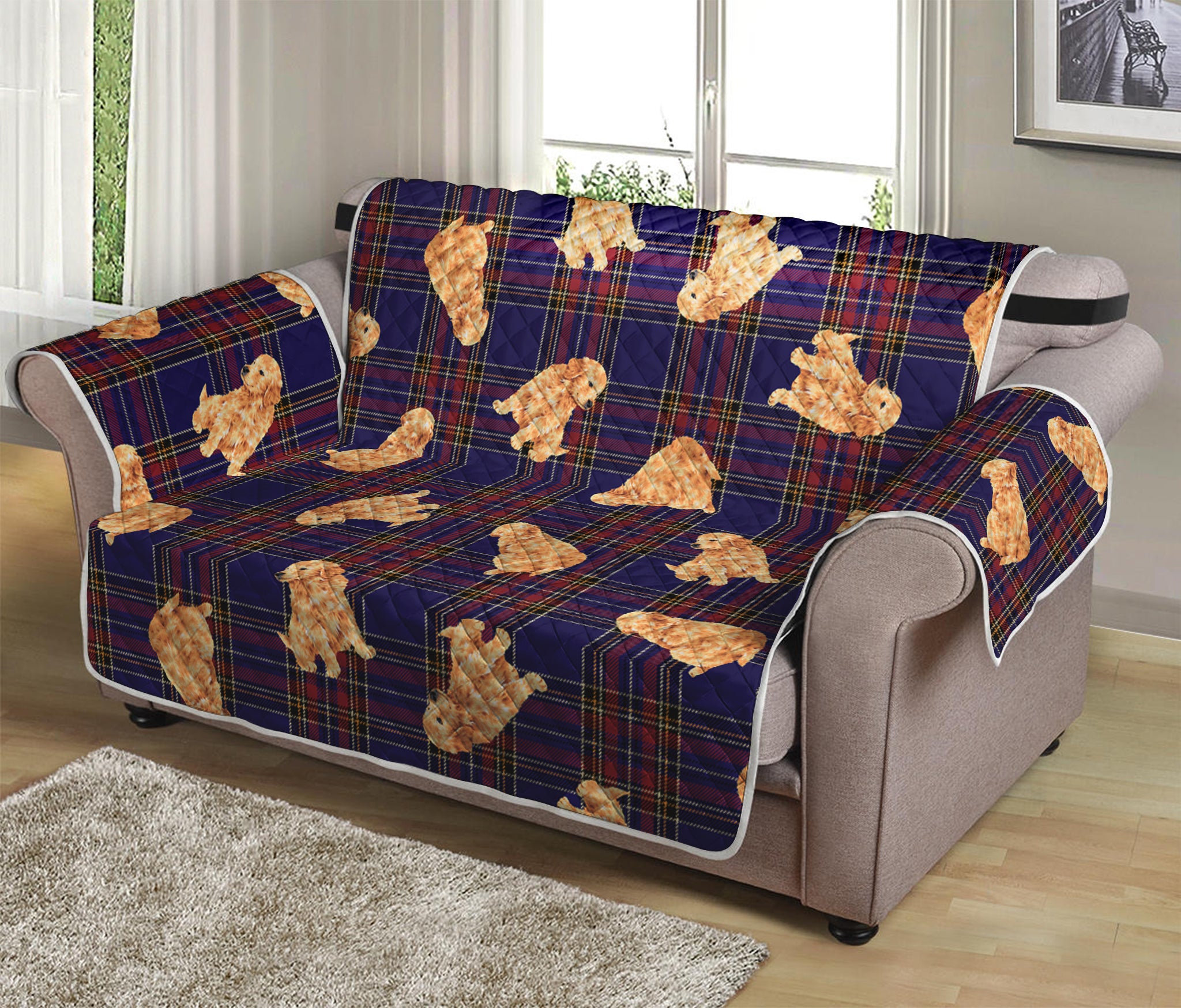 Golden Retriever Tartan Pattern Print Loveseat Protector