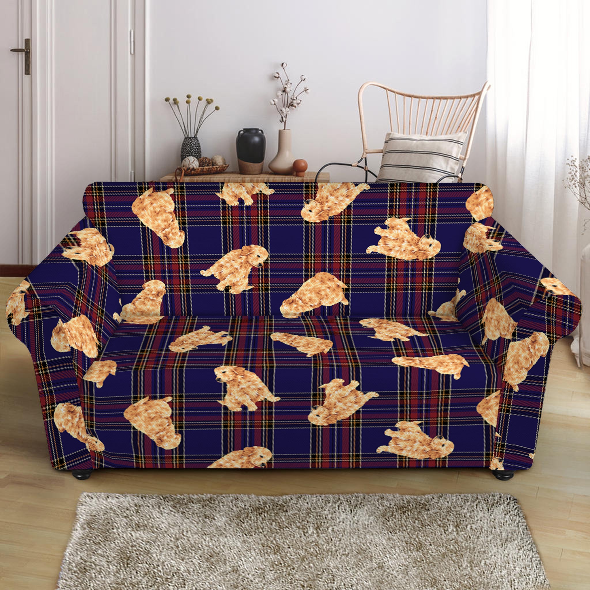 Golden Retriever Tartan Pattern Print Loveseat Slipcover