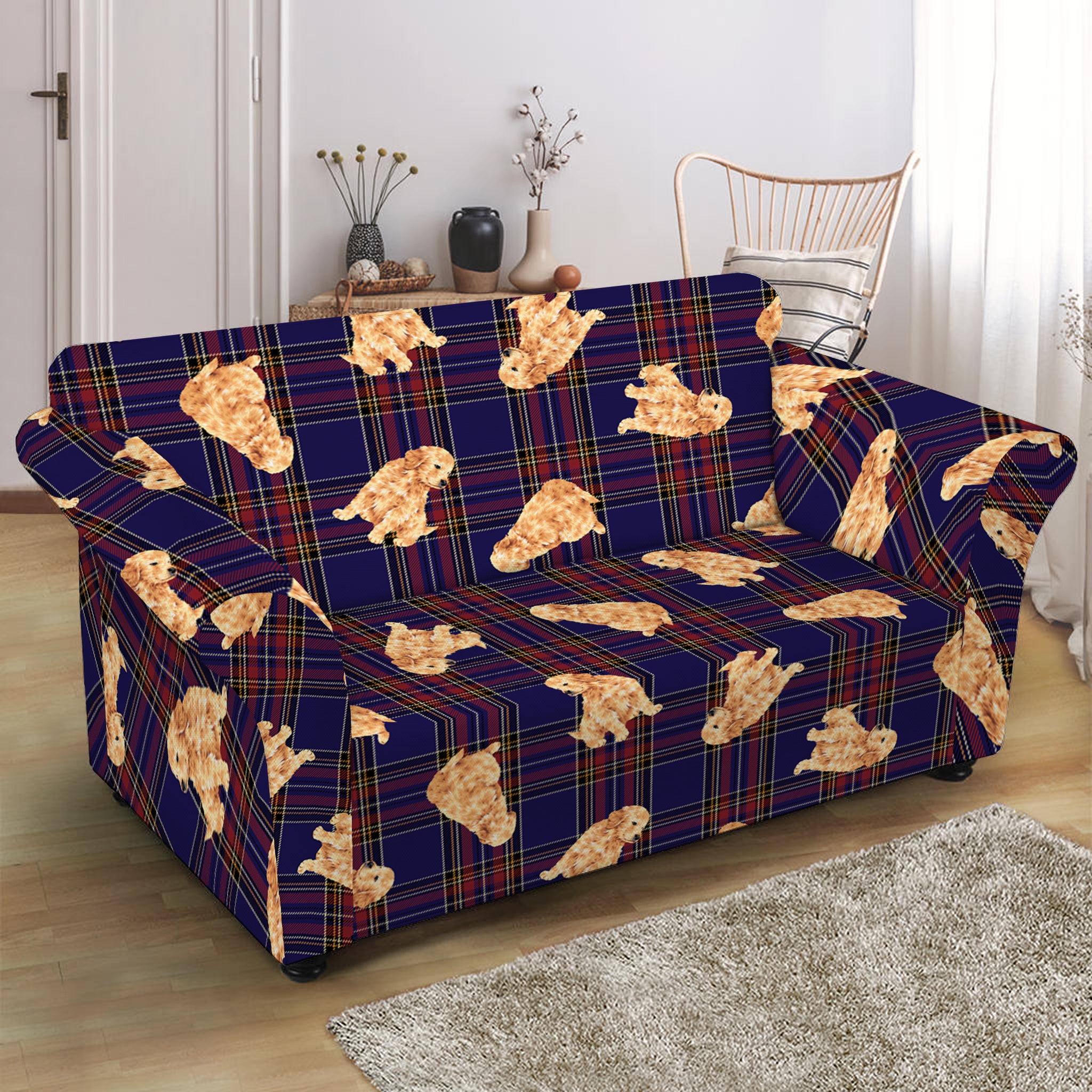 Golden Retriever Tartan Pattern Print Loveseat Slipcover