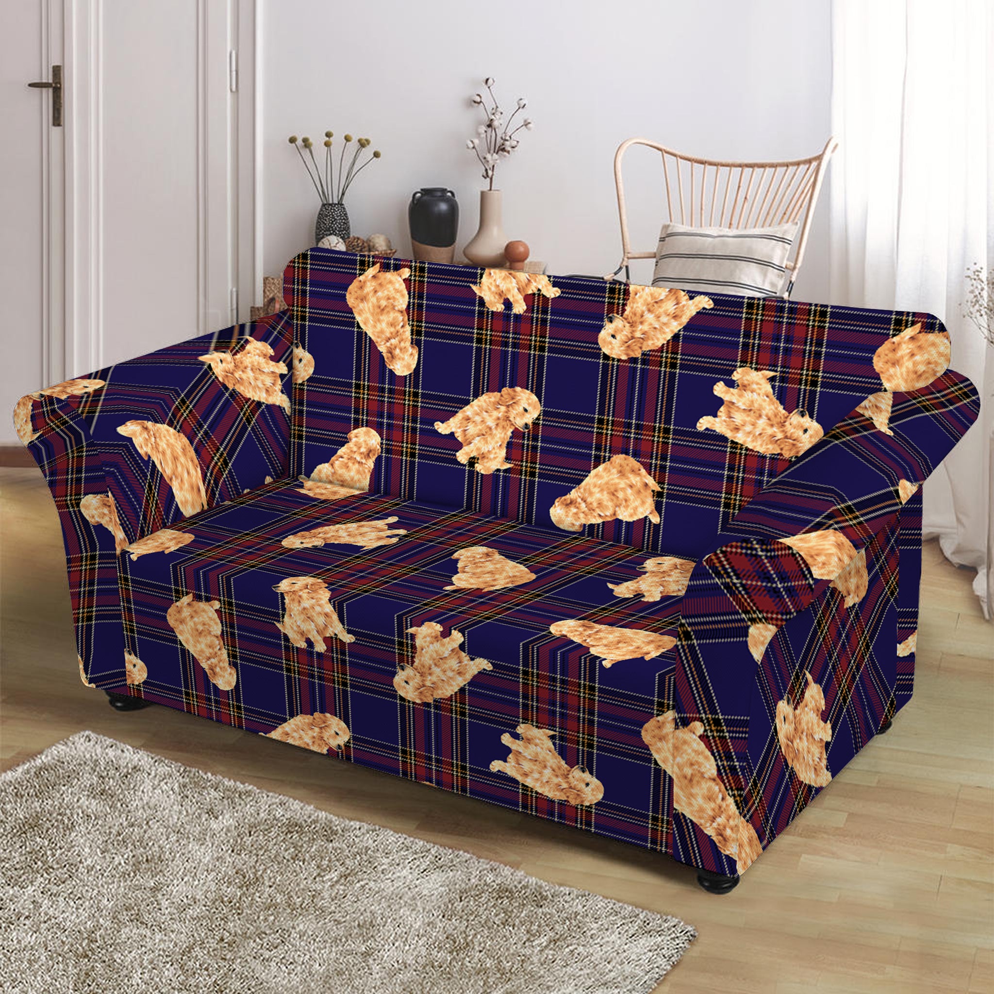 Golden Retriever Tartan Pattern Print Loveseat Slipcover