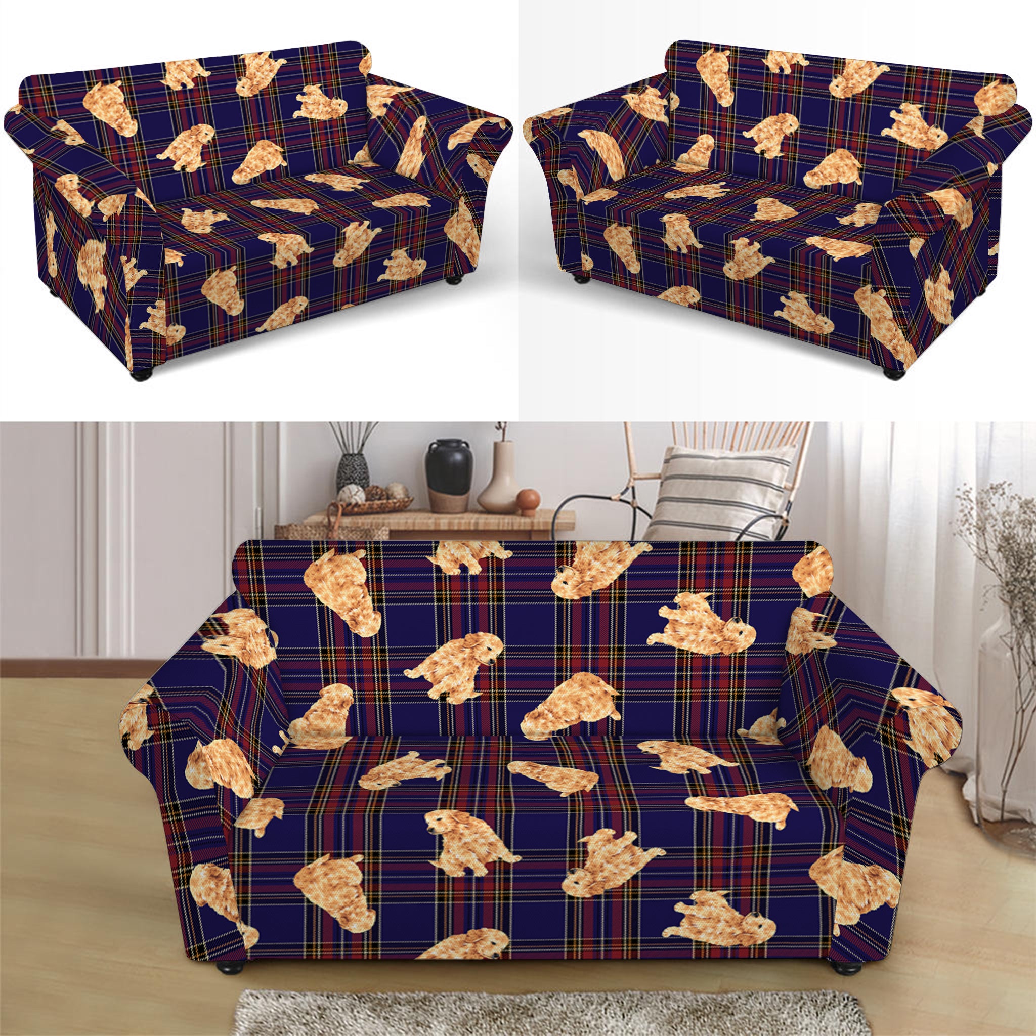 Golden Retriever Tartan Pattern Print Loveseat Slipcover