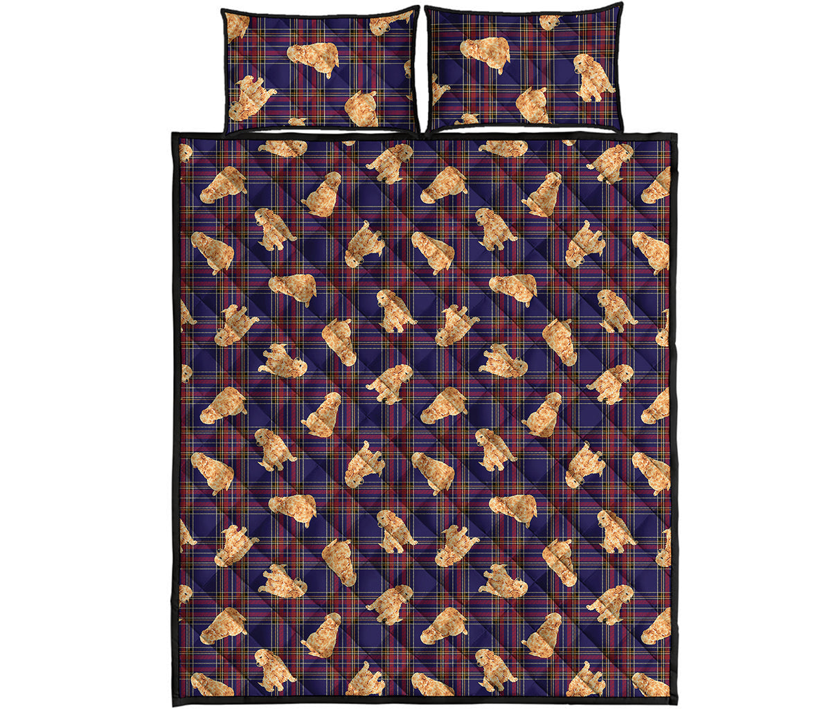 Golden Retriever Tartan Pattern Print Quilt Bed Set