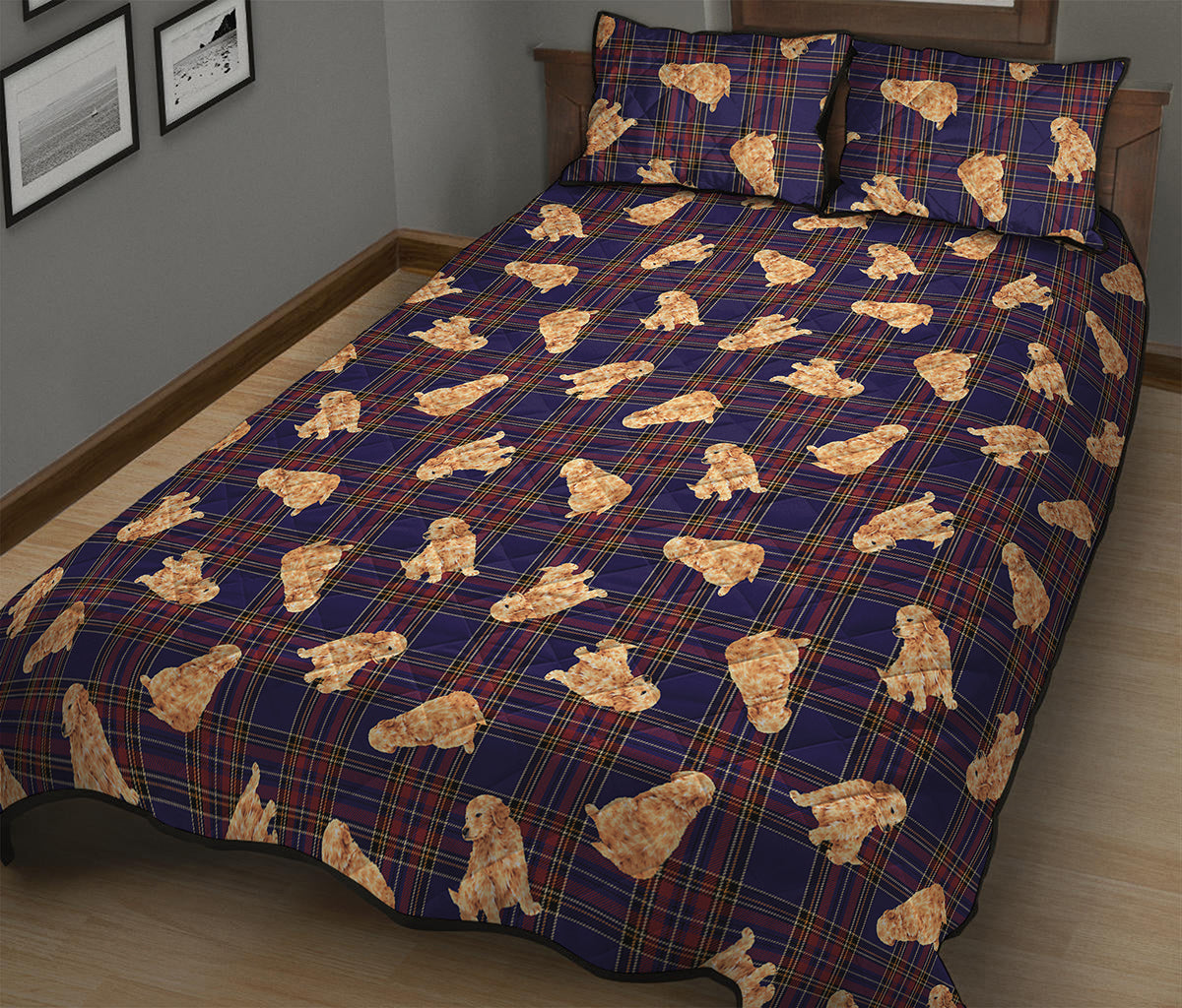 Golden Retriever Tartan Pattern Print Quilt Bed Set