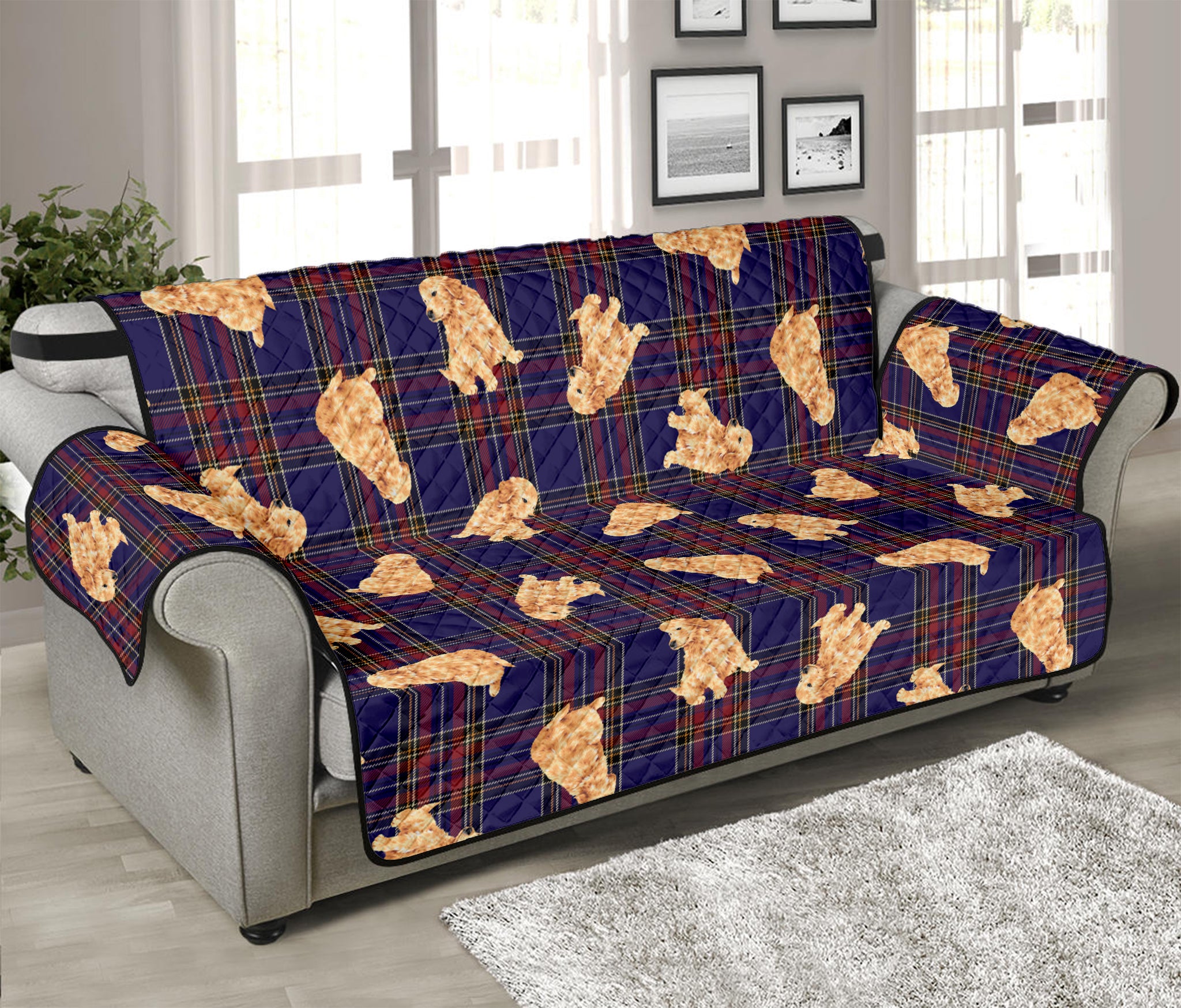 Golden Retriever Tartan Pattern Print Sofa Protector