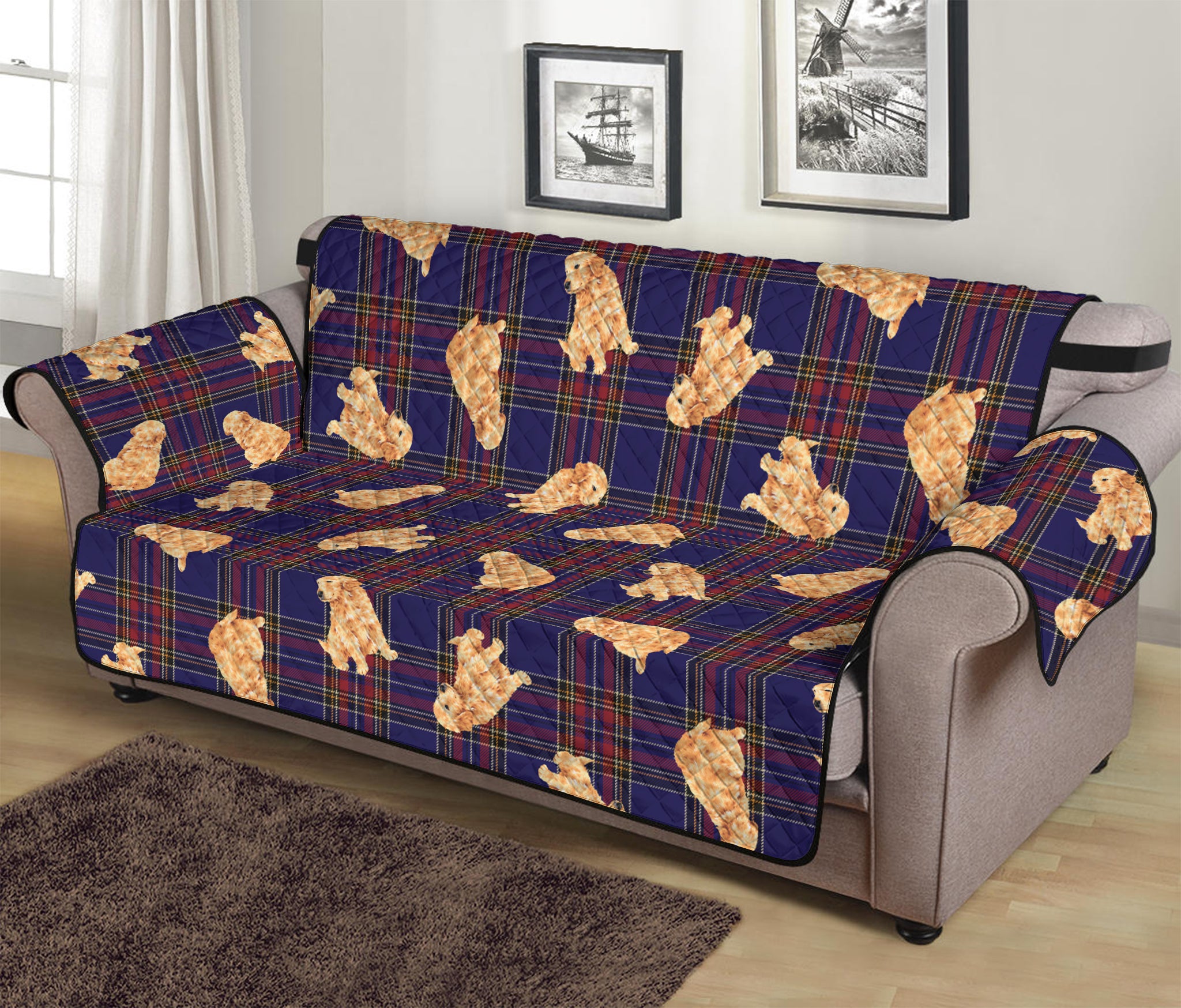 Golden Retriever Tartan Pattern Print Sofa Protector