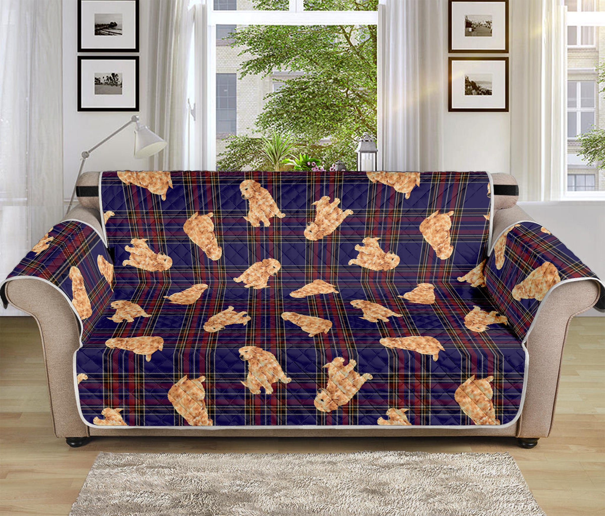 Golden Retriever Tartan Pattern Print Sofa Protector