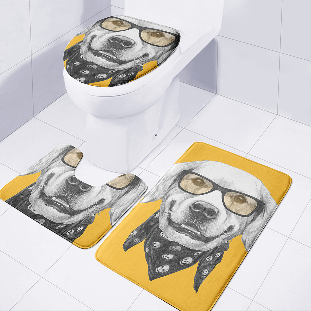 Golden Retriever With Glasses Print 3 Piece Bath Mat Set