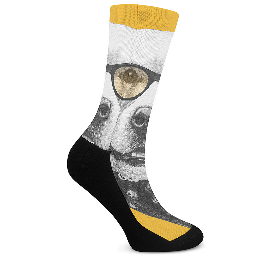 Golden Retriever With Glasses Print Crew Socks