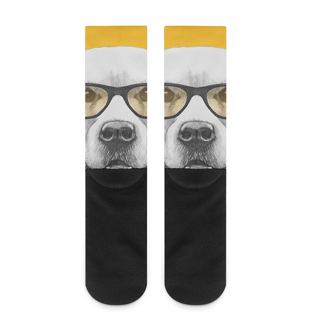 Golden Retriever With Glasses Print Crew Socks