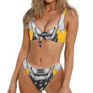 Golden Retriever With Glasses Print Front Bow Tie Bikini