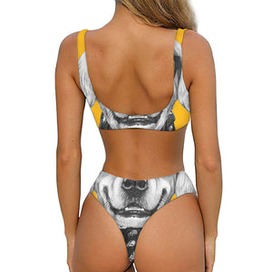 Golden Retriever With Glasses Print Front Bow Tie Bikini