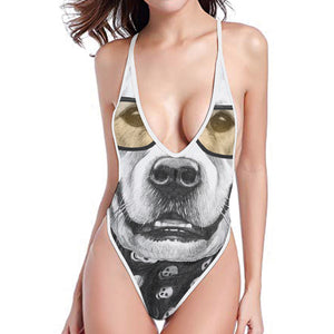 Golden Retriever With Glasses Print High Cut One Piece Swimsuit