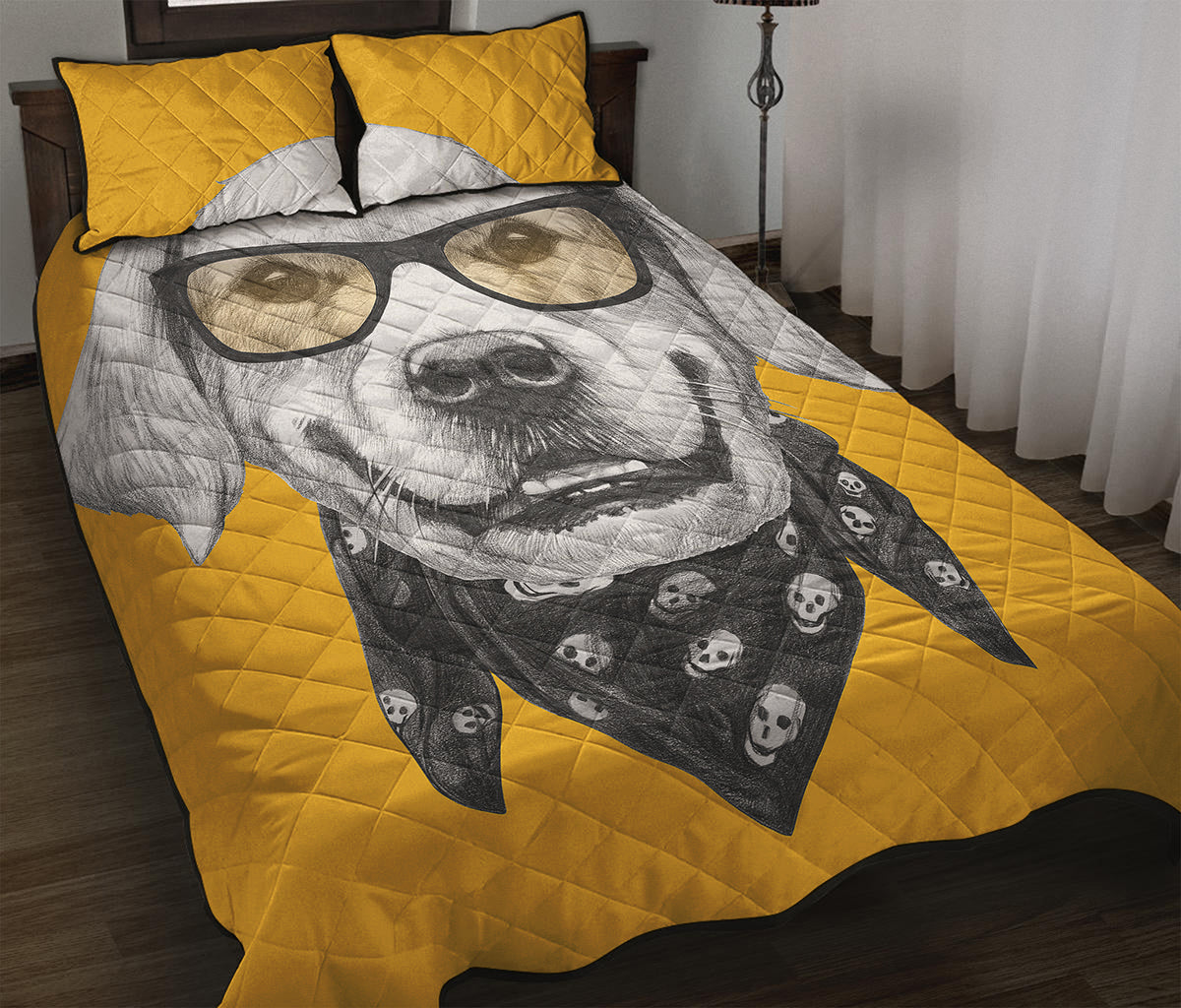 Golden Retriever With Glasses Print Quilt Bed Set