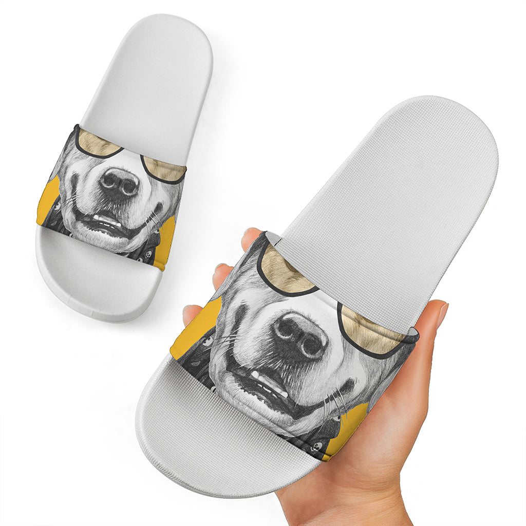 Golden Retriever With Glasses Print White Slide Sandals