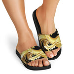 Golden Rooster Print Black Slide Sandals