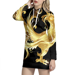 Golden Rooster Print Pullover Hoodie Dress