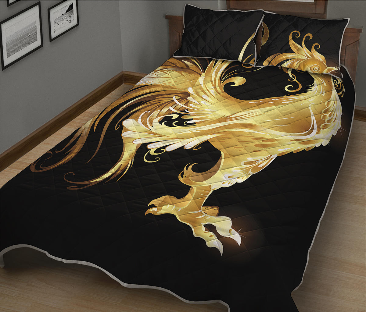 Golden Rooster Print Quilt Bed Set