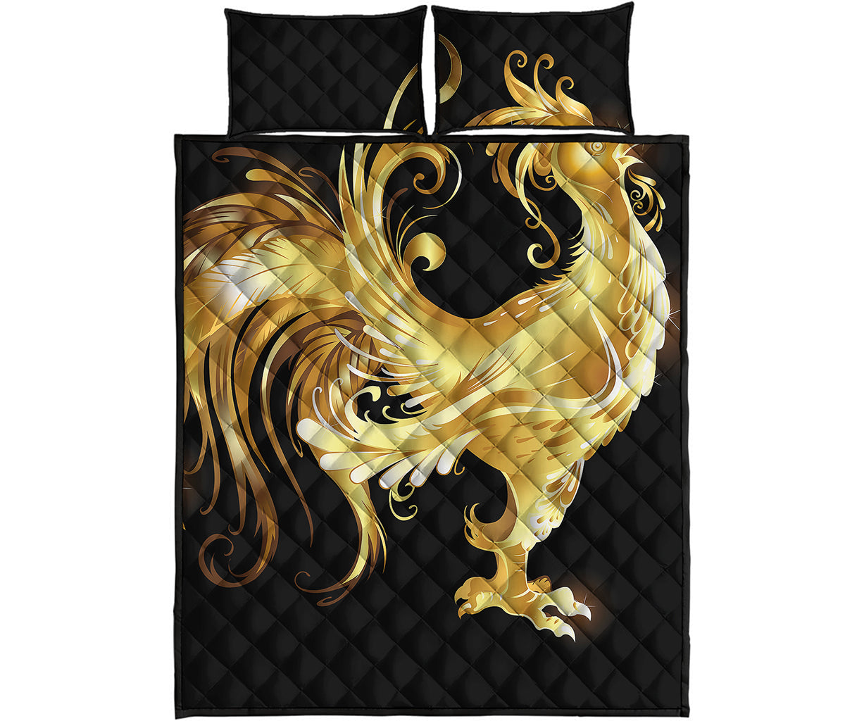 Golden Rooster Print Quilt Bed Set