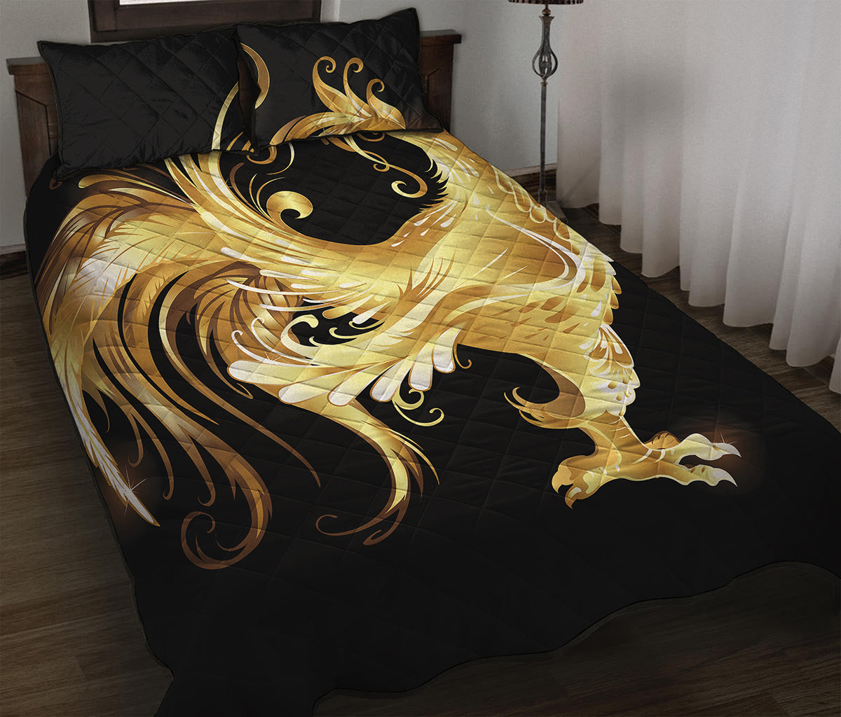 Golden Rooster Print Quilt Bed Set
