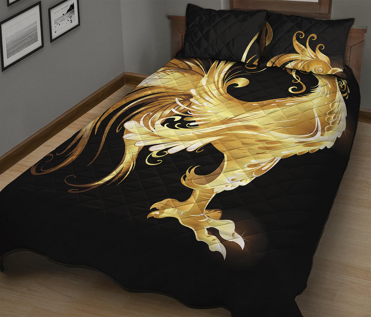Golden Rooster Print Quilt Bed Set